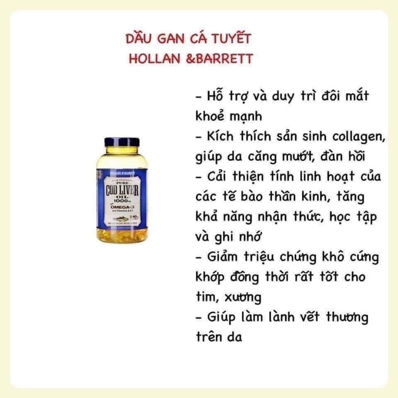 Dầu gan cá tuyết Pure Cod Liver Holland & Barret UK hàm lượng 1000mg