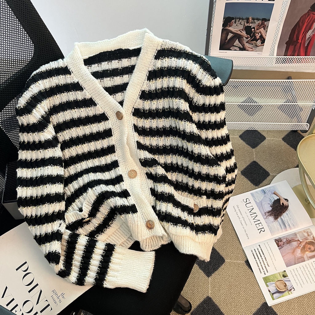 Áo Cardigan Dệt Kim Tay Dài Cổ Chữ V Họa Tiết Kẻ Sọc Màu Sắc Tương Phản Thời Trang Mùa