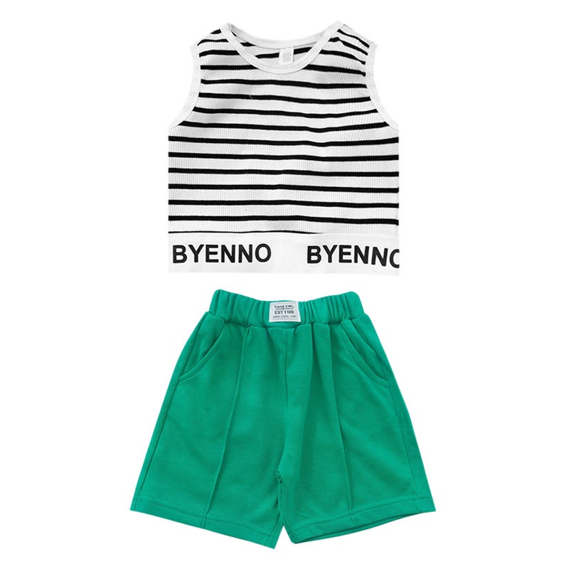 Set Áo Thun Ngắn Tay Và Quần Short Họa Tiết Kẻ Sọc Phong Cách Hàn Quốc Thời Trang Mùa Hè Cho Bé Gái