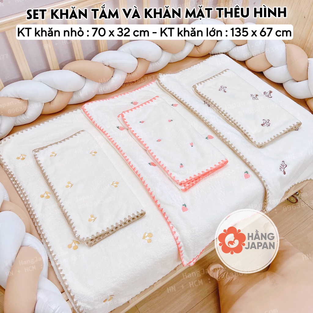 Sét khăn tắm - khăn mặt vải xô thêu viền họa tiết đáng yêu