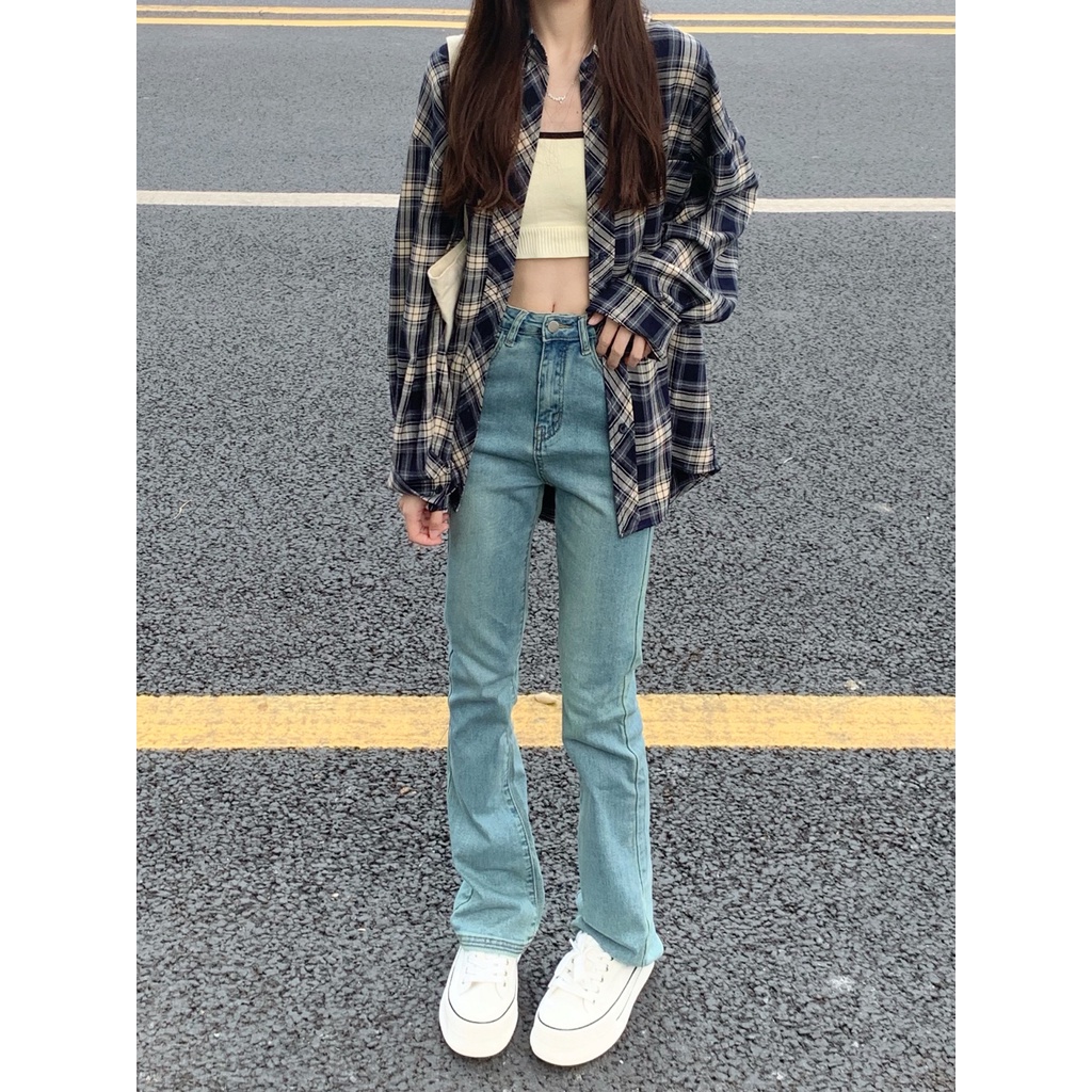 QADCOL Áo Khoác Sơ Mi Caro Tay Dài Thời Trang Cho Nữ