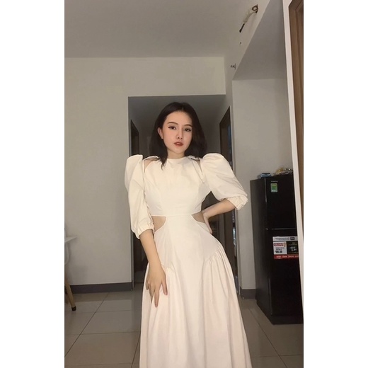 Đ42- Đầm dài tay phồng khoét eo