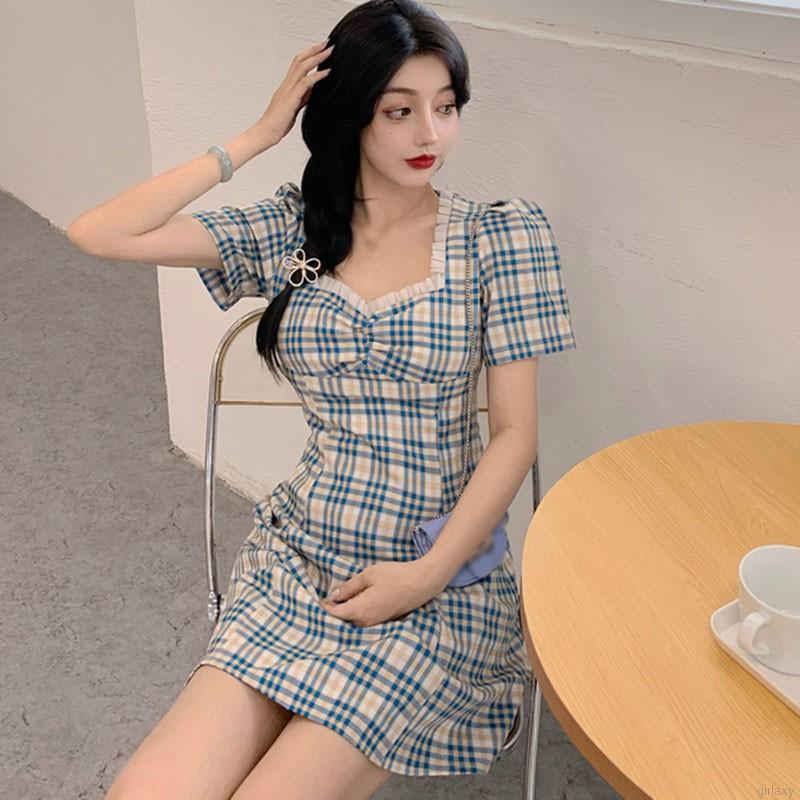 Đầm Tay Ngắn Sọc Ca Rô Thời Trang Cổ Điển Dành Cho Nữ