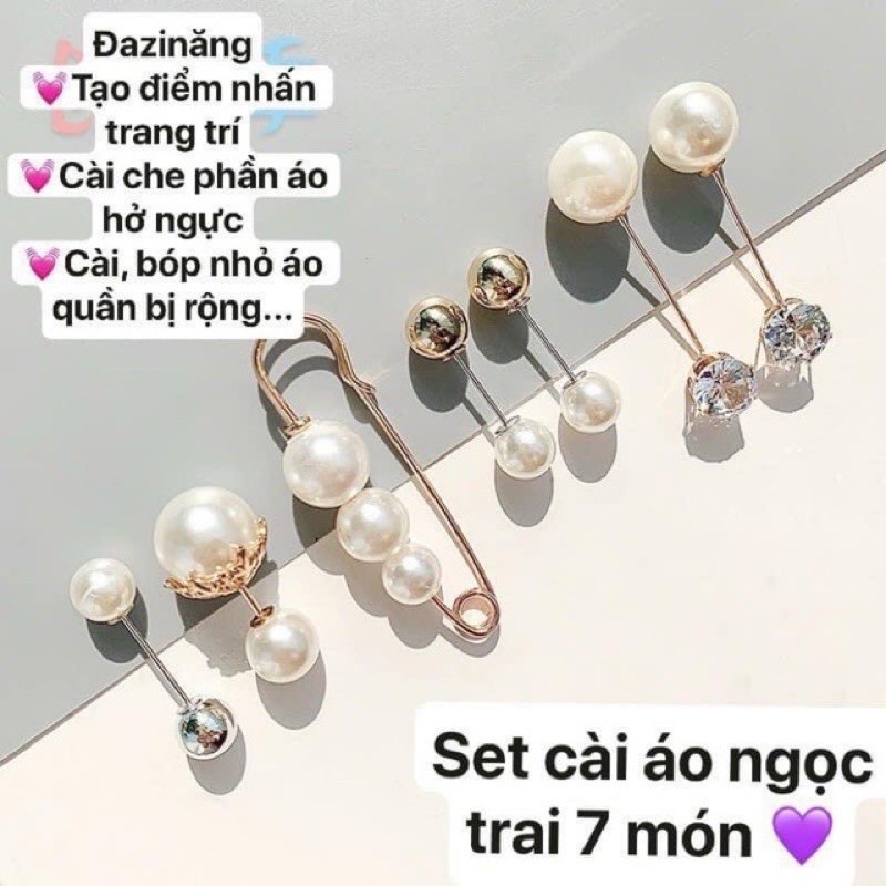 Set 7 cài áo, ghim băng, khuy cài, nút gài quần áo đính ngọc trai nhân tạo 7 món siêu xinh