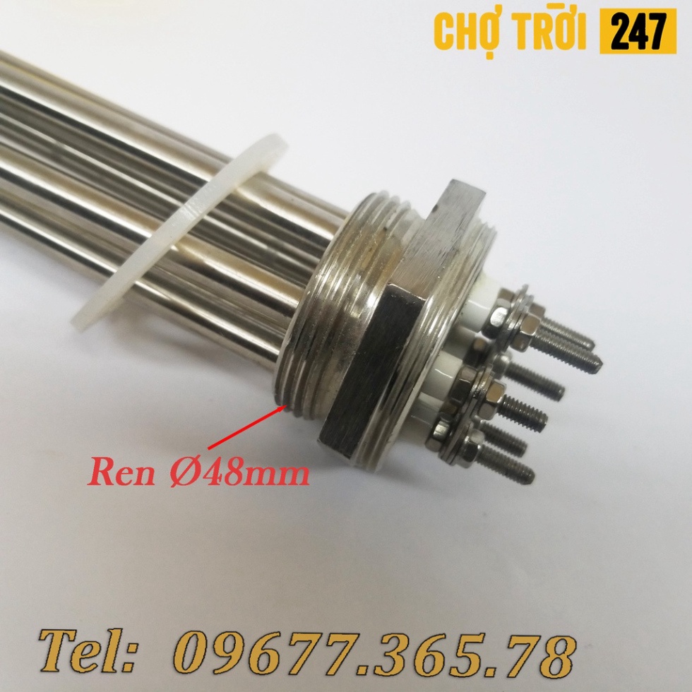 Điện trở củ ren, thanh nhiệt phi 48 sợi đốt Inox 304, chiều dài 25cm công suát 4Kw/ 6Kw dùng cho lò hơi và đun nước sôi