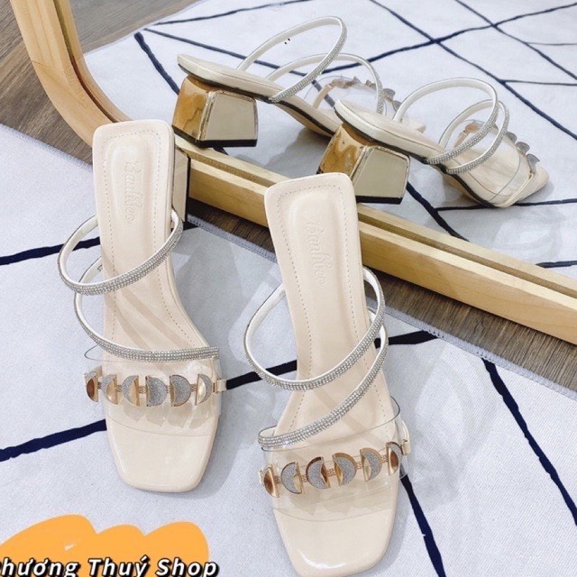 Sandal cao gót nữ đế vuông đính kim cương quai trong Thiên Hương VNXK BP9M35 Giày cao gót nữ sang chảnh tiểu thư đi tiệc
