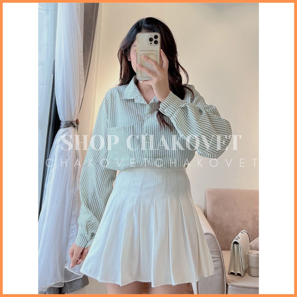 Áo Sơ Mi Kẻ Sọc Vạt Lệch Tiểu Thư A8431 Áo Đũi Xốp Xẻ Lưng Phong Cách Vintage Hàn Quốc Đi Chơi Cực Xinh Xắn Cá Tính