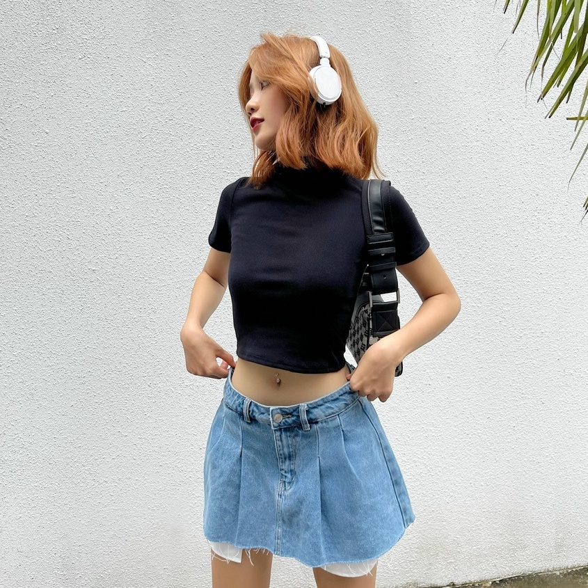 Chân váy jeans nữ dáng xòe TOPTIFY kiểu xếp ly lộ túi Darla Mini Skirts TVJ07