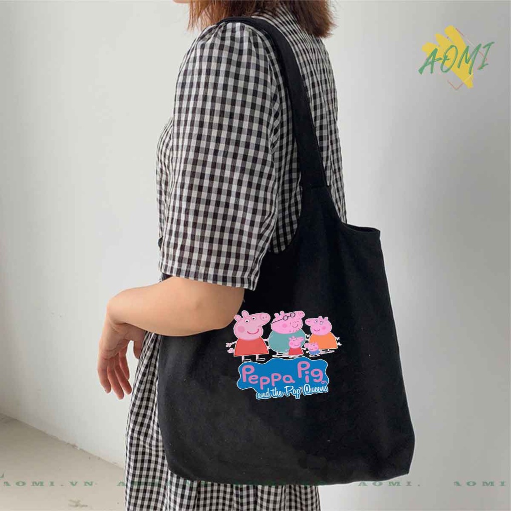 TOTE CANVAS heo peppa FORM TRÒN TÚI VẢI ĐEO VAI BAG NÚT BẤM SIZE LỚN AOMIVN DU LỊCH DẠO PHỐ CÁ TÍNH