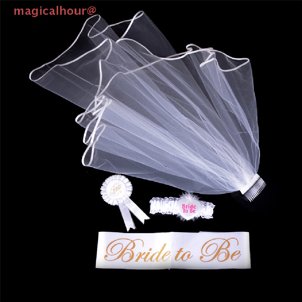 Magicalhour Set 4 Huy Hiệu Cài Áo In Chữ Bride to Be White Garter Cho Tiệc Độc Thân Mới