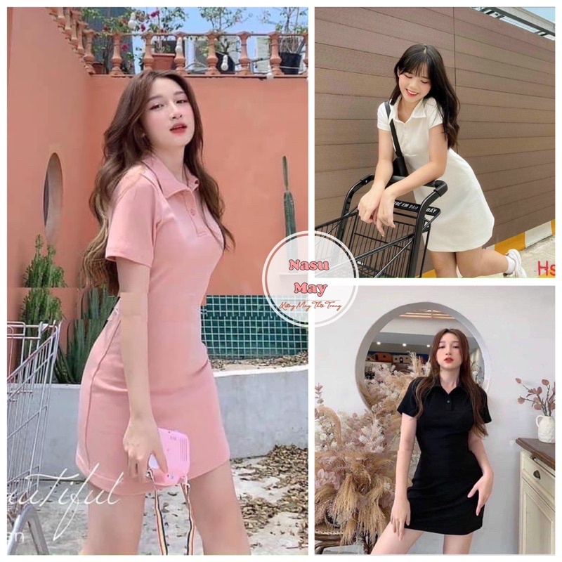 Váy polo cổ đức, đầm body nữ hồng trắng đen