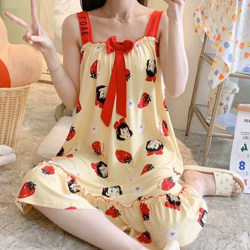 Đầm ngủ 2 dây thun sữa hoạ tiết dễ thương