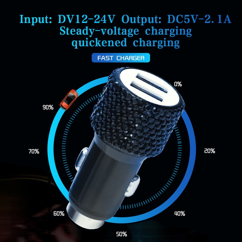 Bộ Sạc Nhanh USB Kép Đính Đá Chất Lượng Cao Cho iPhone / Android / Xe Hơi