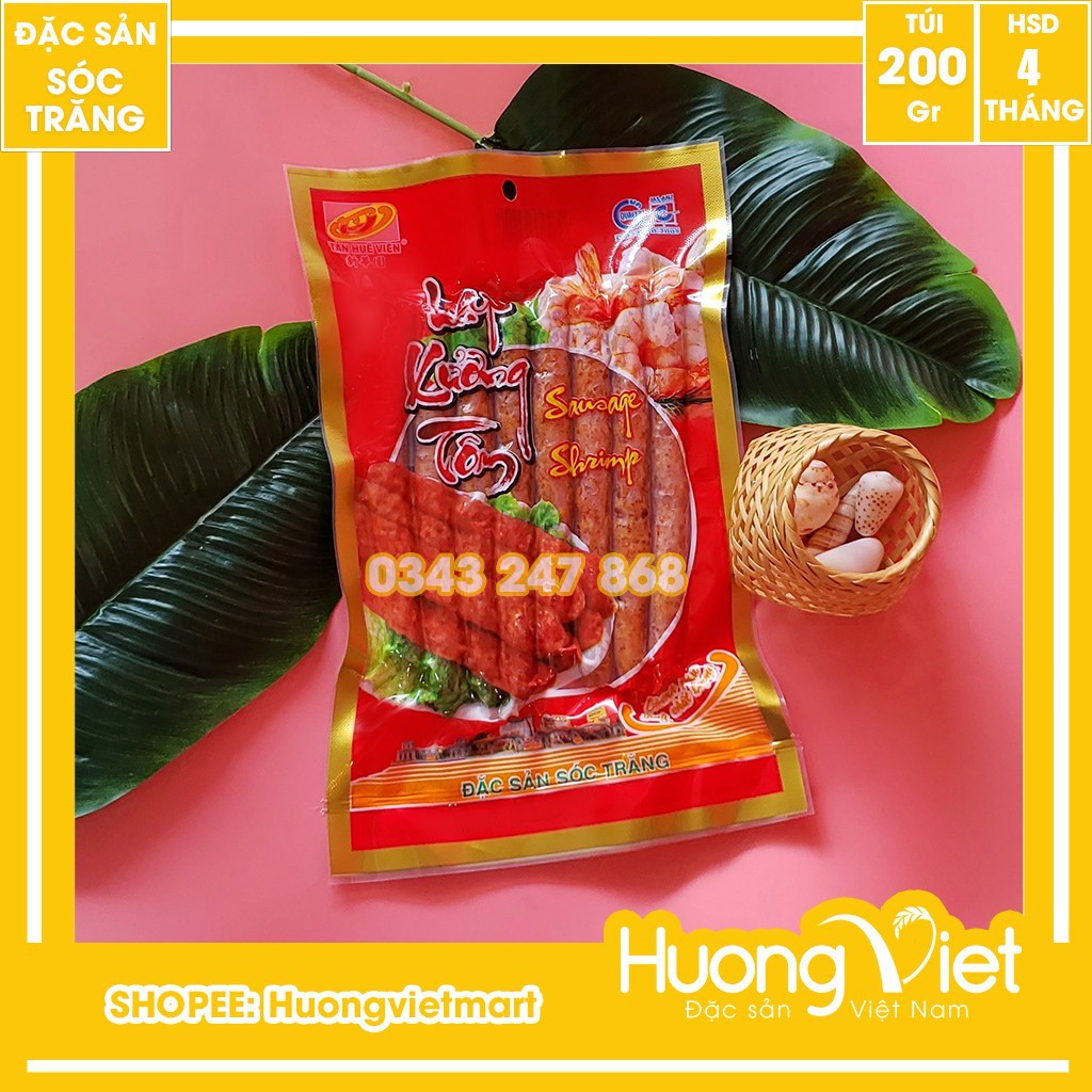 Lạp xưởng tôm Sóc Trăng Tân Huê Viên cao cấp 200g, lạp xưởng Mai Quế Lộ làm từ thịt tôm tươi vị cay nhẹ hút chân không