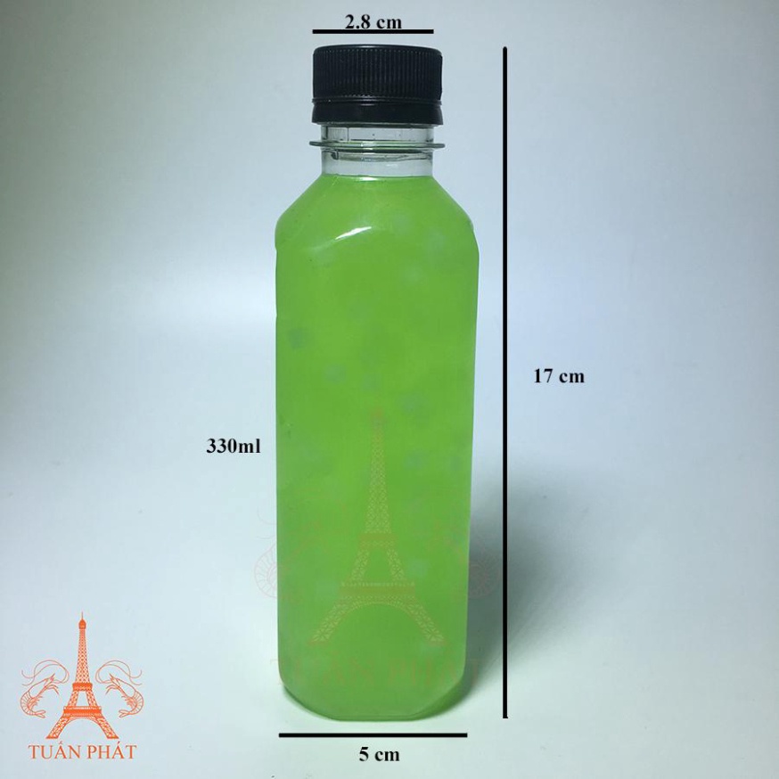set 100 chai nhựa vuông nắp đen làm trà thái, trà sữa kèm nắp dung tích 330ml