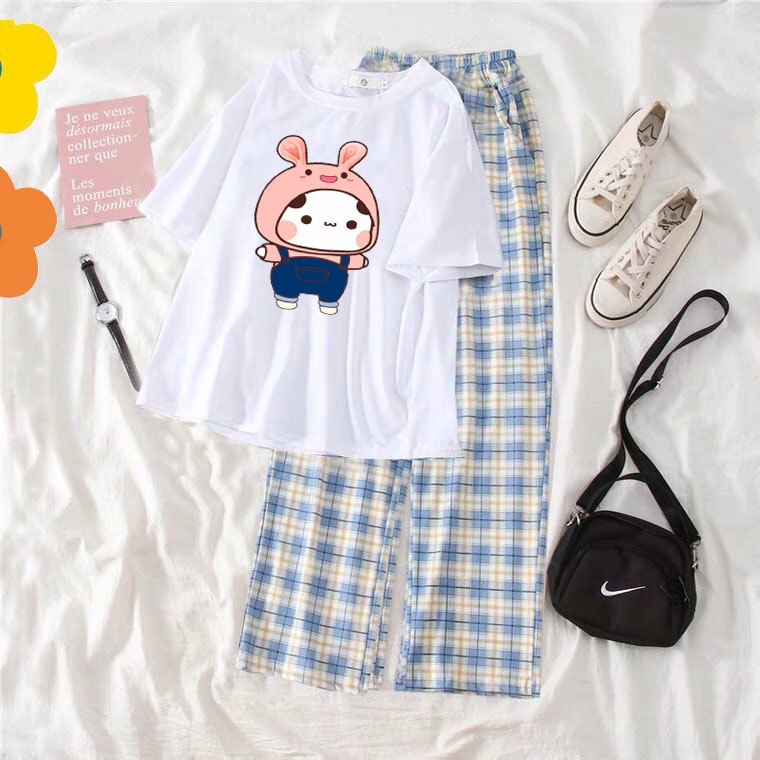 Sét Áo Cậu bé mũ hồng + quần kẻ karo, Áo thun from rộng, Chất đẹp không xù, quần suông ống rộng, Sét bộ mặc ở nhà - MODY