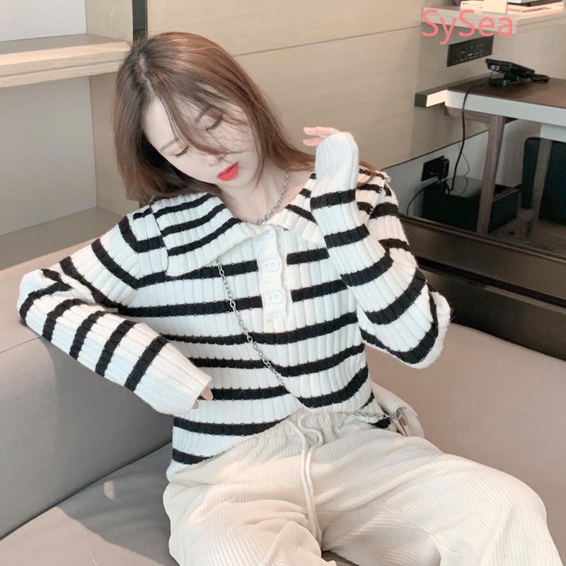 Áo sweater dệt kim tay dài kẻ sọc thời trang mùa xuân cho nữ
