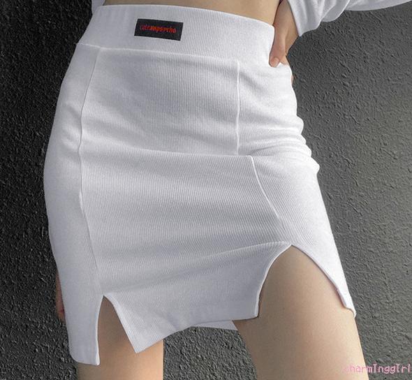 QAQ-Women Summer Miniskirt, Letters Print Ribbed High-Waist Slim Short Skirt with Slits for Girls | BigBuy360 - bigbuy360.vn