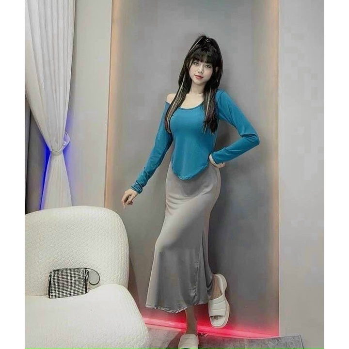 Set váy hai dây ôm body kèm áo thun croptop dài tay, set 2 món đầm hai dây dài kèm áo thun dài tay vạt bầu