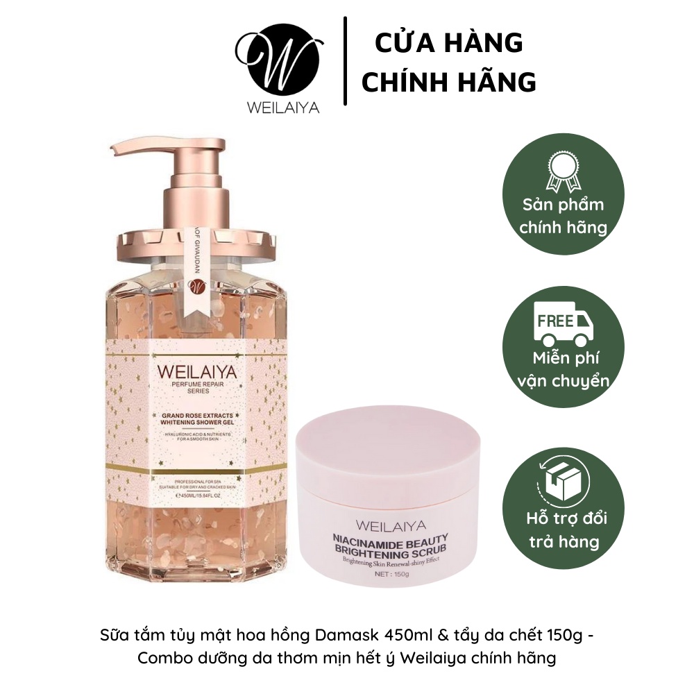 Sữa tắm tủy mật hoa hồng Damask 450ml & tẩy da chết 150g - Combo dưỡng da thơm mịn hết ý Weilaiya chính hãng - W07
