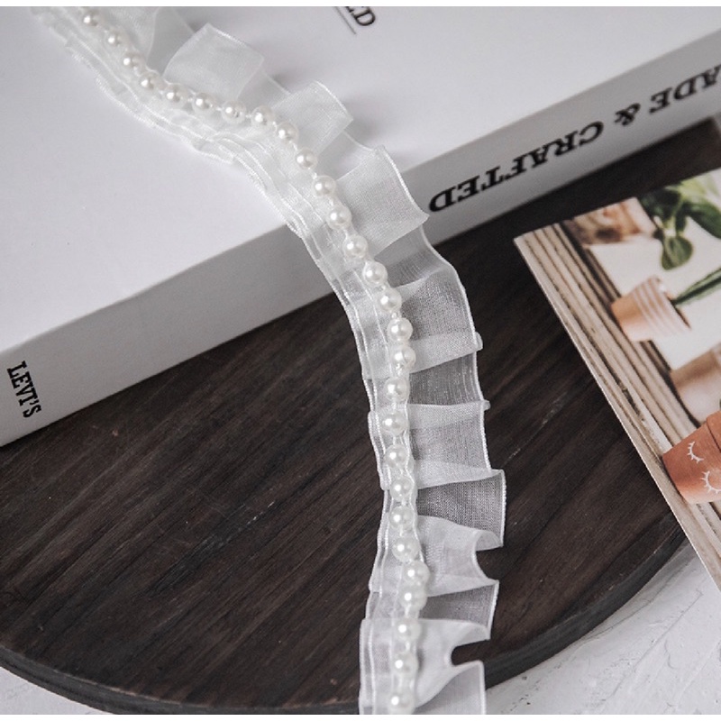 Ren bèo nhún viền hạt trai dùng may viền váy, áo, khăn trải bàn, hanmade ...