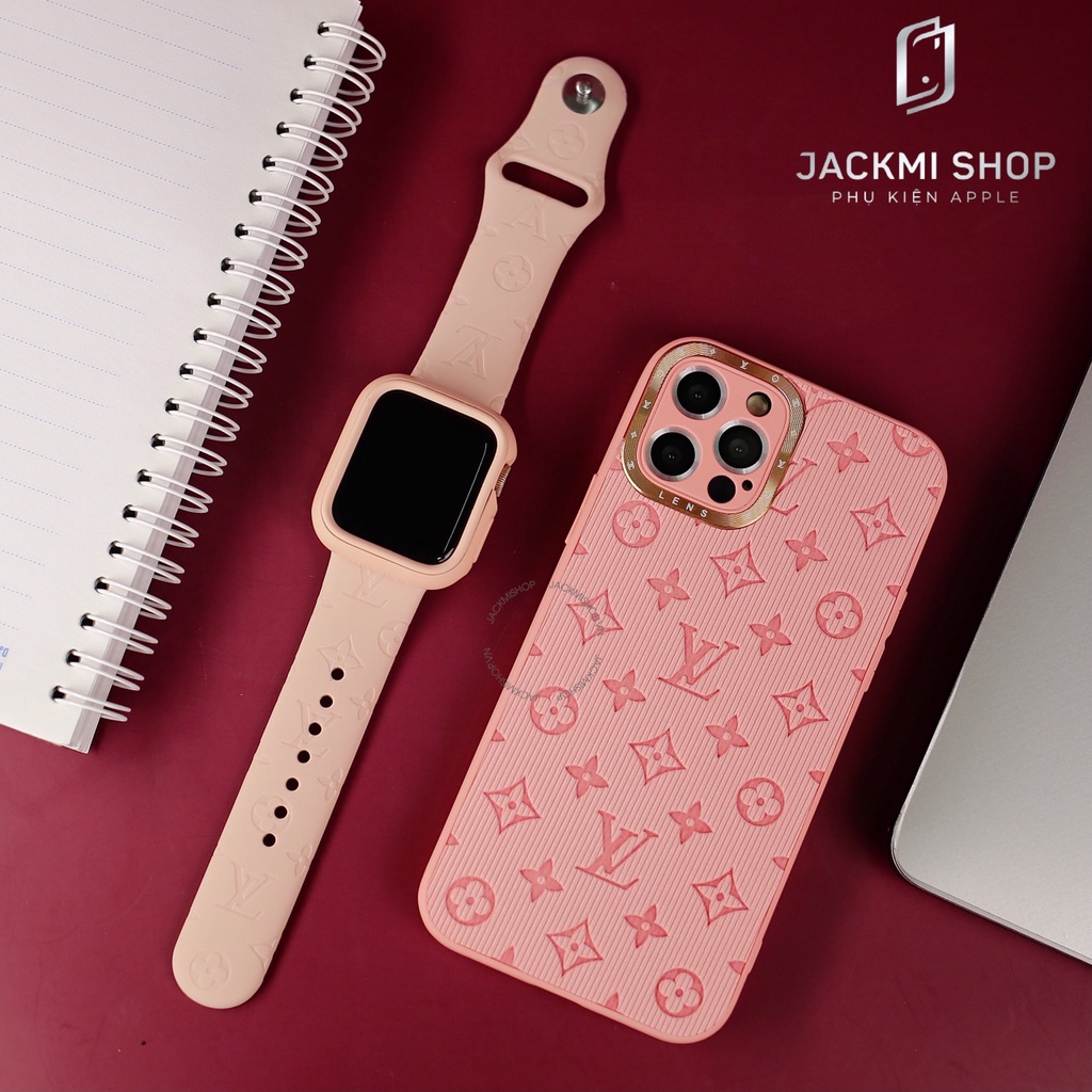 [COMBO 3 MÓN MÀU HỒNG]DÂY SILICON HỌA TIẾT CHO APPLE WATCH + ỐP LƯNG LV CHO IPHONE + ỐP VIỀN RHINOSHIELD CHO APPLE WATCH