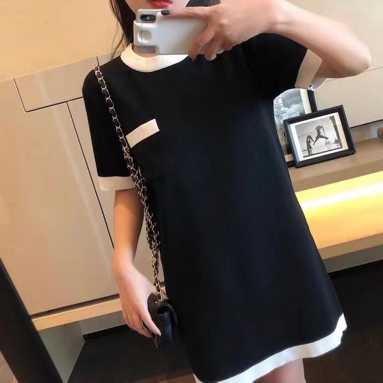 SUXI Đầm Dệt Kim Tay Ngắn Cổ Tròn Thiết Kế Đơn Giản Phong Cách Vintage