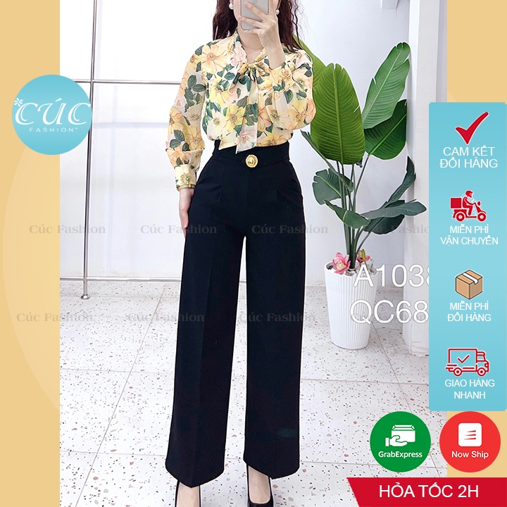 Áo sơ mi nữ Cúc Fashion sơmi kiểu dài tay buộc nơ cao cấp chuẩn thời trang công sở đi học màu hoa trắng đỏ đẹp A1038