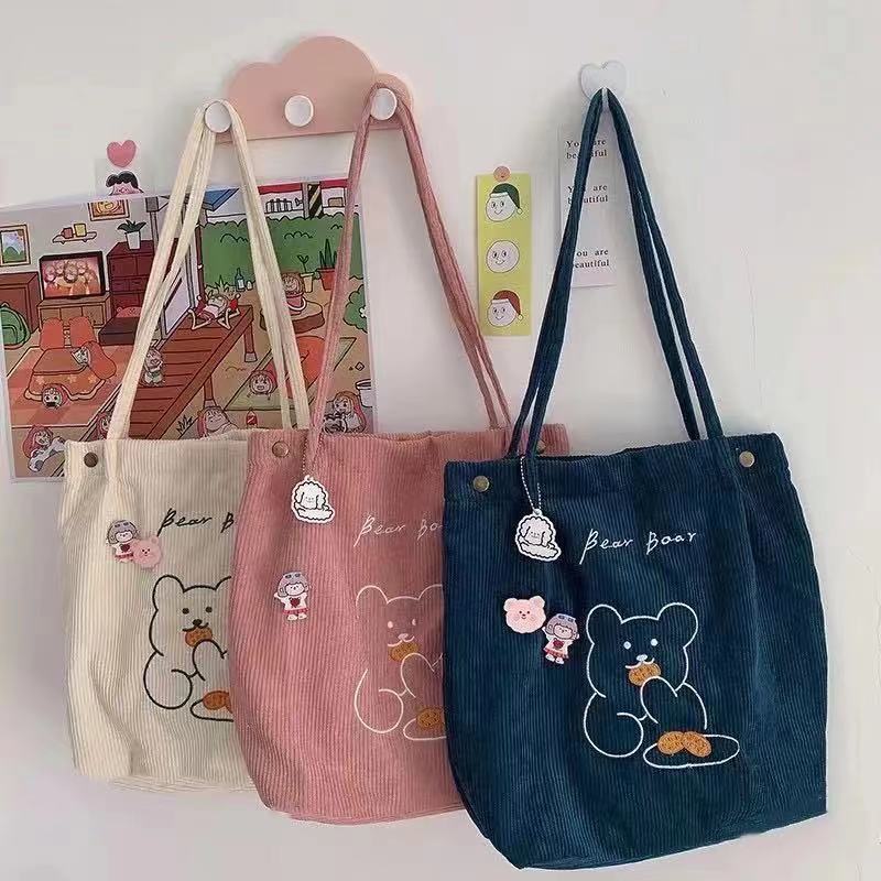 Canvas Bag Female Student Korean Style Retro College Style All-Matching Corduroy Shopping Handbag Female