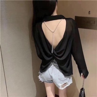 Áo sơ mi hở lưng đan ngọc