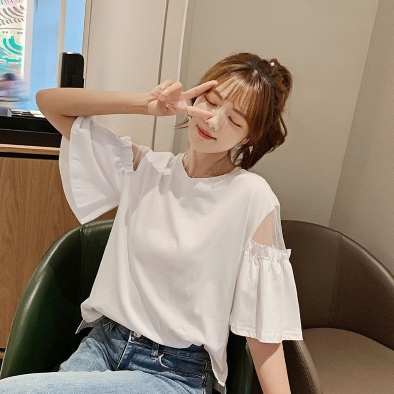 White Short-sleeved T-shirt Women's Short New Korean Version of The Trend Ins Loose Round Neck T-shirt Off-shoulder Top