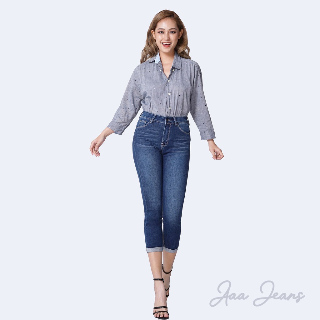 Quần Jean Nữ Xắn Gấu Skinny Aaa Jeans Lưng Cao Ocean Blue