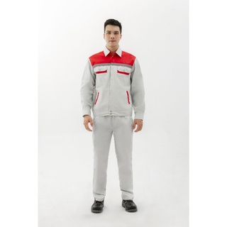 Quần Áo Bảo Hộ Lao Động Màu Ghi Sáng Phối Đỏ