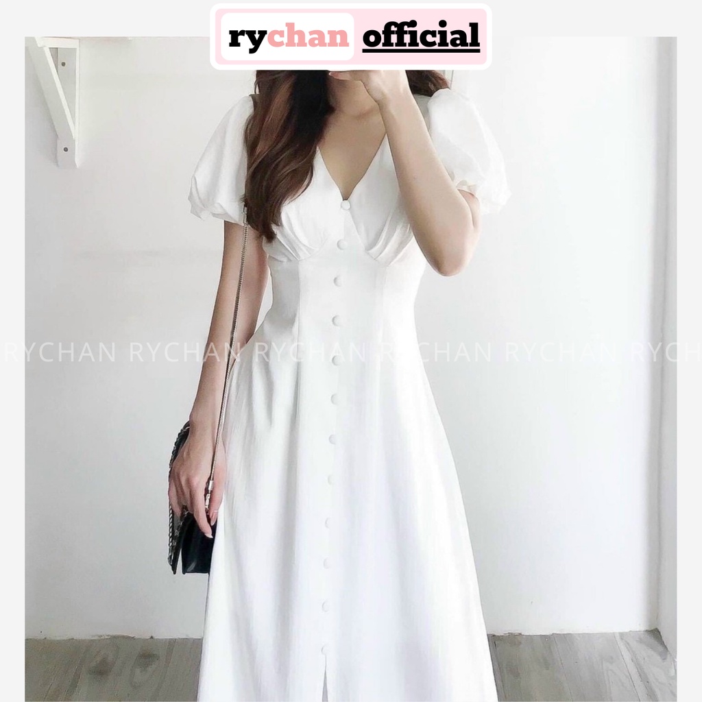 Đầm Xòe Midi Tay Phồng Cổ V Nút Bọc 2 Màu - DX0094