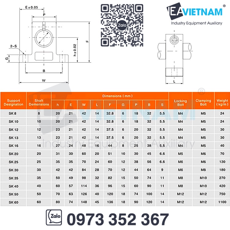 Gối đỡ trục ngang SK / Gối đỡ SK / Gối đỡ thanh trượt tròn SK phi 8 10 12 16 20 25 30 35  40 50 60