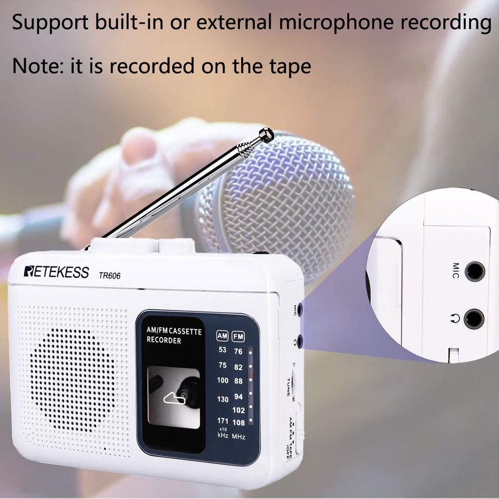 Máy Nghe Nhạc Cassette Retekess TR606 AM FM Hỗ Trợ Ghi Âm Với Giắc Cắm Tai Nghe 3.5MM Và Ăng Ten Dài