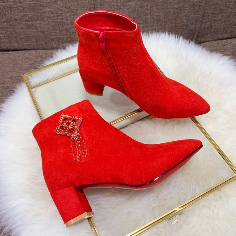 Giày bốt cao gót tùy chọn họa tiết phối tua rua thời trang Trung Hoa dành cho nữ