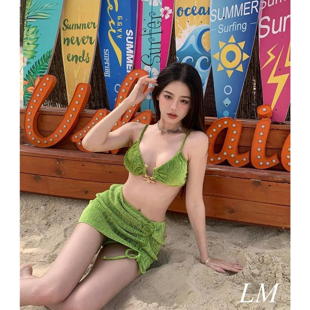 Set bikini 3 mảnh nữ bộ đồ bơi đi biển màu xanh nhung sexy ulzzang Hàn Quốc