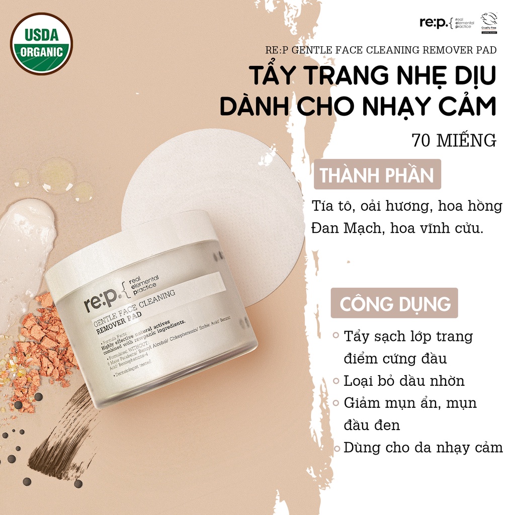 Tẩy Trang RE:P Gentle Face Cleaning Remover Pad Nhẹ Dịu Dành Cho Da Nhạy Cảm 70 Miếng [NHẬP KHẨU CHÍNH HÃNG]