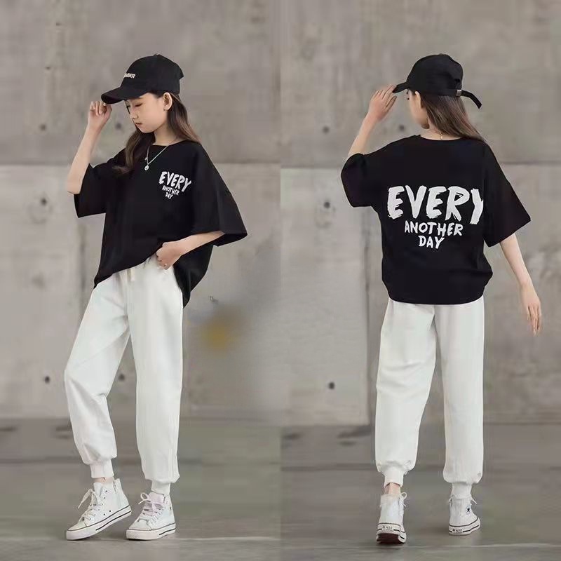 Set Đồ Mùa Hè 2 Món Gồm Áo Thun cotton Tay Cộc In Họa Tiết + Quần Dài Cho Bé Gái 3-13 Tuổi