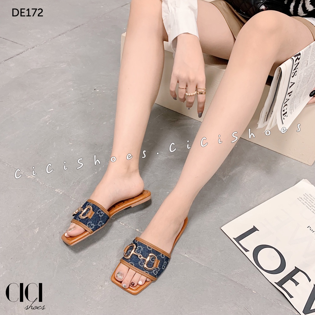 Dép bệt nữ CiCi Shoes mũi vuông, dép quai ngang vải bò - DE172