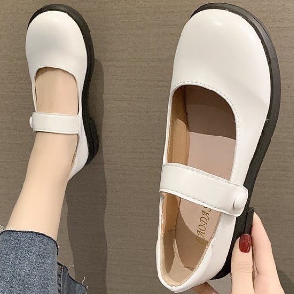 GIÀY NỮ ULZZANG mary jane khuy tròn 2 màu đen trắng hàng da đẹp loại 1