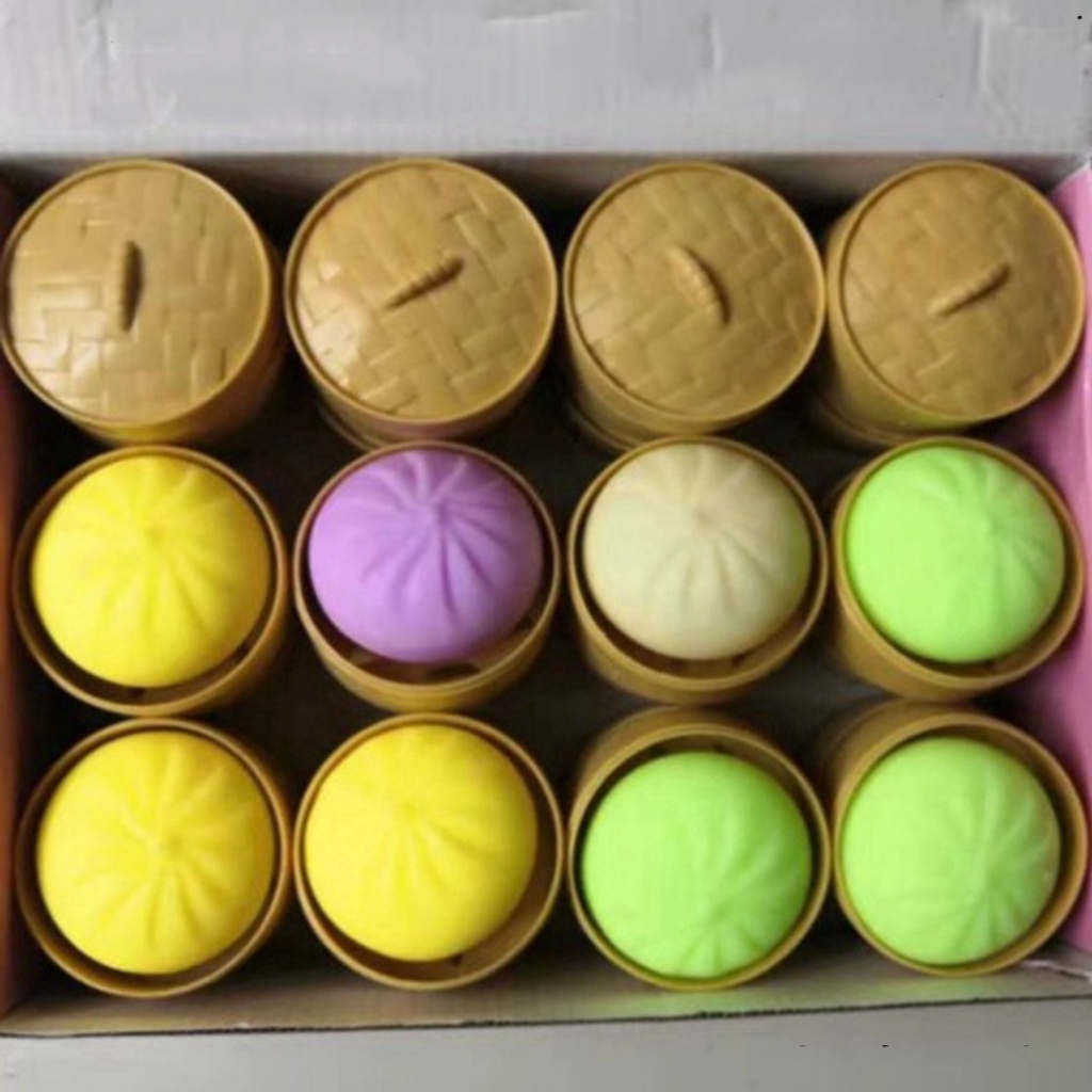 (7 LOẠI ) SQUISHY GUDETAMA BÁNH BAO NHIỀU MÀU SIZE TO 10CM KÈM HỘP TRE LÒ HẤP
