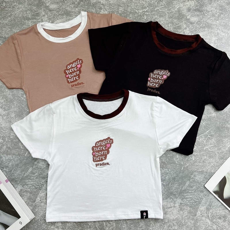 Áo croptop nữ thun lạnh cổ tròn viền màu angels here tay ngắn 474 FIORI STORE