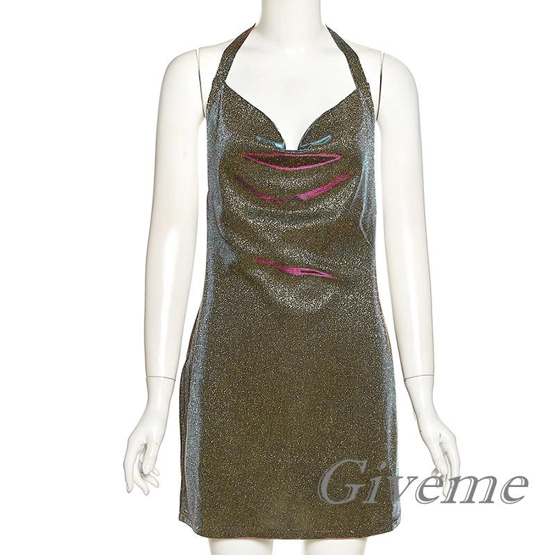 Váy body Hai Dây Cổ Yếm Đính Kim Sa Lấp Lánh Thời Trang Mùa Hè Cho Nữ