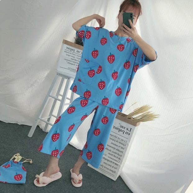 Đồ Bộ Pijama Thun Cotton Tay Ngắn Quần Lửng Họa Tiết Hoạt Hình Dễ Thương Tặng Kèm Túi P2