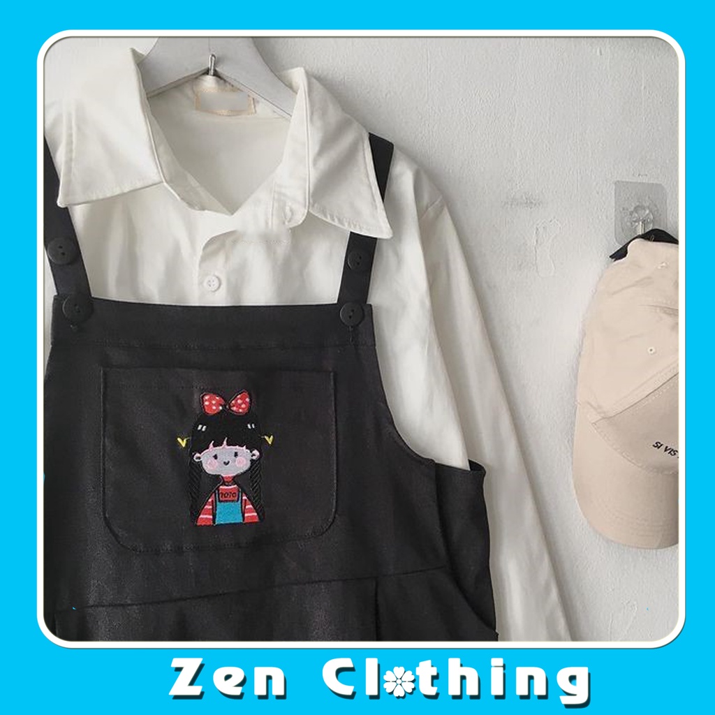 Váy yếm nữ suông thụng thêu hình cô bé xinh xắn túi trước đầm suông nữ ulzzang Zen Clothing Zen008 | BigBuy360 - bigbuy360.vn