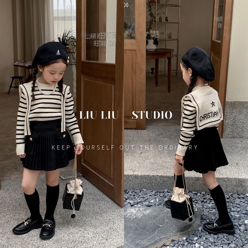 ✨Đốm✨ Áo Khoác Sweater Dệt Kim Kẻ Sọc Kèm Khăn Choàng Phong Cách Phương Tây Thời Trang Mùa Thu 2022 Mới Cho Bé Gái
