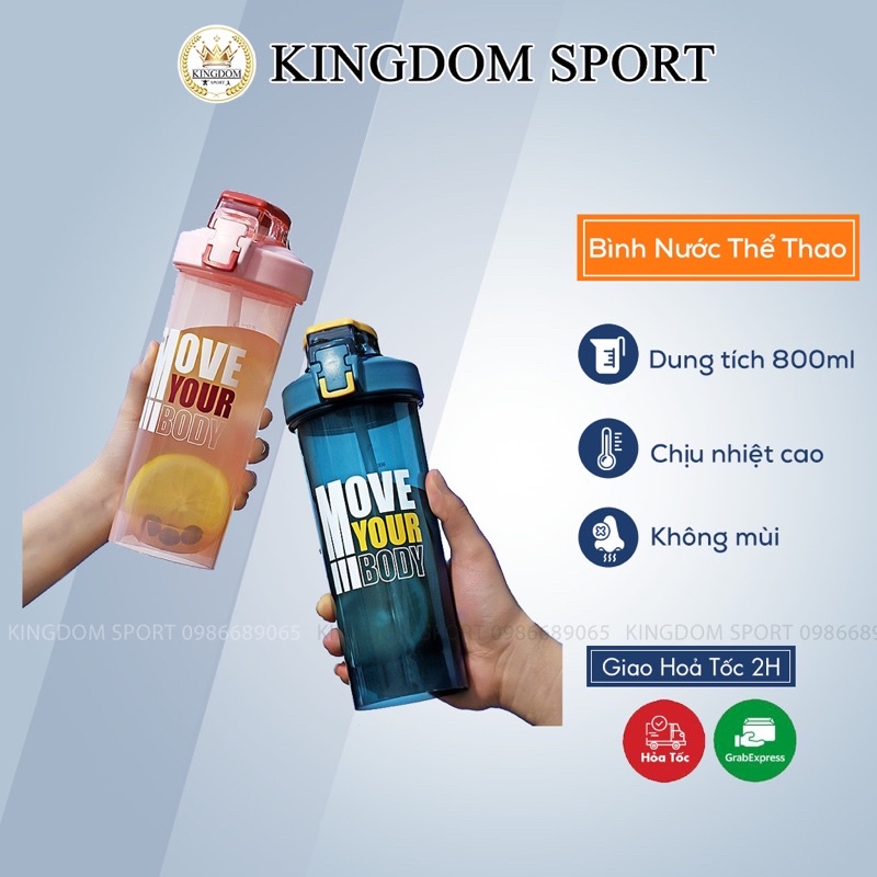 Bình Nước tập Gym, Chơi Thể Thao Thể Hình, Dung Tích 800ml, Kèm Quả Lắc KINGDOM SPORT