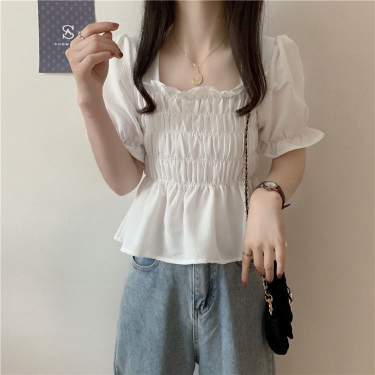 Áo Kiểu Crop top Cổ Vuông Tay Phồng Màu Đen Phong Cách Mới 2022 JL-TX-237